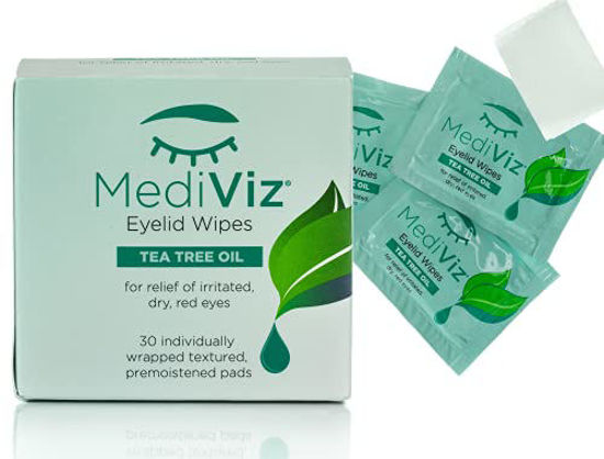 Picture of Mediviz Tea Tree Eyelid Wipes - Exfoliating, Hypoallergenic Eyelid Scrubs to Help With Crusty Eyelashes, Eyelid Bumps, Itchy Eyelids, Eyelash Mites, Clogged Meibomian Glands, Eyelid Irritation (30-Pack)