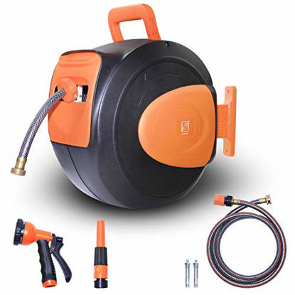 Picture of Wellmax Retractable Water Hose Reel with Wall Mount, Flexible Garden Hoses Expandable Up to 65ft + 7ft Hose Connector, Kink Free and Convenient Storage