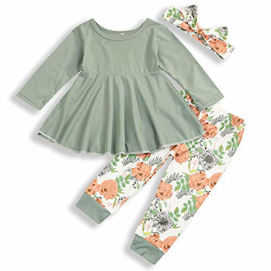 Picture of bilison Toddler Baby Girl Clothes Solid Color Ruffle Tops Floral Pants with Headband Outfit Set