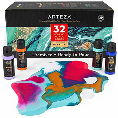 Picture of ARTEZA Acrylic Pouring Paint, Set of 32, 2oz Bottles, Assorted Colors, High Flow Acrylic Paint, No Mixing Needed, Art Supplies for Pouring on Canvas, Glass, Paper, Wood, Tile, and Stones