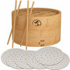 Picture of DEALZNDEALZ 3-Piece Bamboo Steamer Basket with Lid 10-inch 2-Tier, 50 Perforated Bamboo Steamer Liners with 2-Pairs of Bamboo Chopsticks