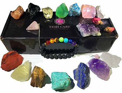 Picture of Tesh Care Chakra Therapy Starter Collection 17 pcs Healing Crystals kit, 7 Raw Chakra Stones,7 Colorful Gemstones, Amethyst,Rose Quartz Pendulum,Chakra Lava Bracelet,Dry Roses,Guide,COA,Gift Ready