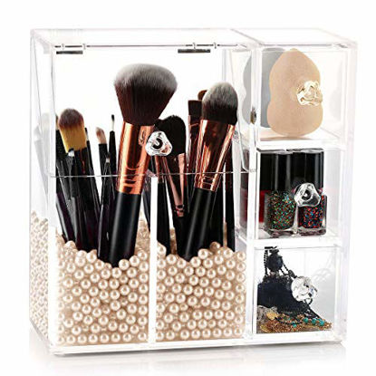 Picture of HBlife Makeup Brush Holder, Acrylic Makeup Organizer with 2 Brush Holders and 3 Drawers Dustproof Box with Free Beige Pearl