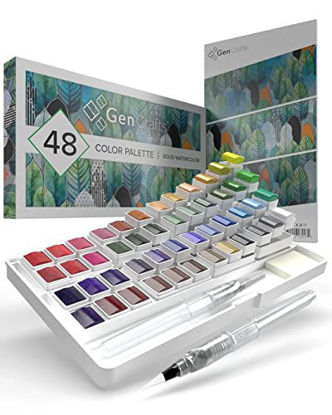 Picture of GenCrafts Watercolor Paint Palette with Bonus Paper Pad Includes 48 Premium Colors - 2 Refillable Water Blending Brush Pens - No Mess Storage Case - 15 Sheets of Water Color Paper - Portable Painting