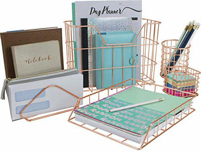Picture of Sorbus Desk Organizer Set, Rose Gold 5-Piece Desk Accessories Set Includes Pencil Cup Holder, Letter Sorter, Letter Tray, Hanging File Organizer, and Sticky Note holder for Home or Office (Copper)