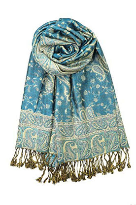 Picture of Achillea Soft Silky Reversible Paisley Pashmina Shawl Wrap Scarf w/Fringes 80" x 28" (Teal 2)