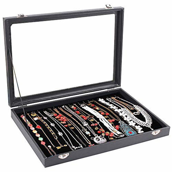 Black Velvet Necklace Organizer Box – Glass Lid, 20 Hooks, Wall Mount Or Table Display