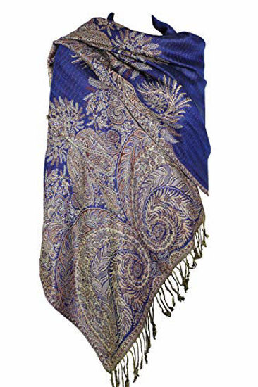 Picture of Achillea Luxurious Big Paisley Jacquard Layered Woven Pashmina Shawl Wrap Scarf Stole (Royal Blue)