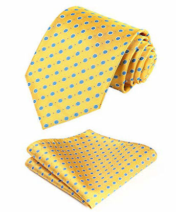 Picture of HISDERN Extra Long Floral Dots Tie Handkerchief Men's Necktie & Pocket Square Set,Yellow & Blue,XL, 63 inches length
