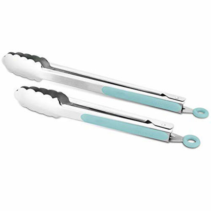 Picture of 304 Stainless Steel Kitchen Cooking Tongs  9" and 12" Set of 2 Sturdy Grilling Barbeque Brushed Locking Food Tongs with Ergonomic Grip  Blue
