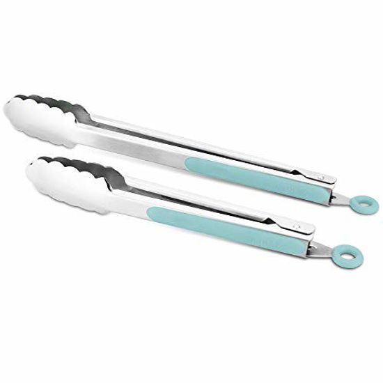 Picture of 304 Stainless Steel Kitchen Cooking Tongs  9" and 12" Set of 2 Sturdy Grilling Barbeque Brushed Locking Food Tongs with Ergonomic Grip  Blue