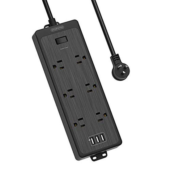 Wall Mountable Surge Protector Power Strip With 6 USB + Flat Plug Extension  Cord