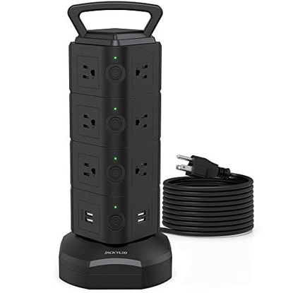 Picture of 10ft Power Strip Tower JACKYLED Surge Protector Electric Charging Station with 13A 10 AC 4 USB Ports Heavy Duty Extension Cord for Home Office Computer Nightstand Laptop Phone White Black