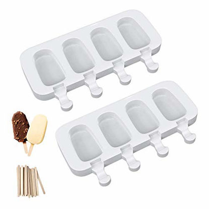 Picture of Ouddy Upgrade 2 Pack Large Popsicle Molds  8 Cavities Ice Cream Mold & Silicone Cakesicle Molds with 50 Wooden Sticks & 30 Popsicle Bags for DIY Ice Pop and Cake - White + Blue