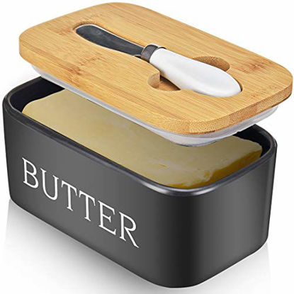 Picture of Large Butter Dish with Lid Holds Up to 2 Sticks Ceramics Butter Keeper Container with Knife and Stainless Steel Double-layer Silicone Sealing Butter Dishes with Covers Good Kitchen Gift Yellow