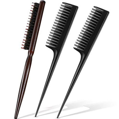 Picture of 3 Pieces Teasing Hair Brush and Teasing Comb Set Includes Salon Nylon Boar Bristle Brush and 2 Triple Teasing Comb Rat Tail Combs for Back Brushing Slicking Hair Women Men Girl (Black and Blue)