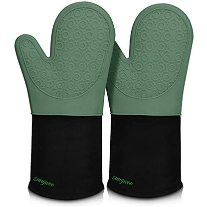 Picture of Extra Long Silicone Oven Mitts  sungwoo Durable Heat Resistant Oven Gloves with Quilted Liner Non-Slip Textured Grip Perfect for BBQ  Baking  Cooking and Grilling - 1 Pair 14.6 Inch Midnight Green