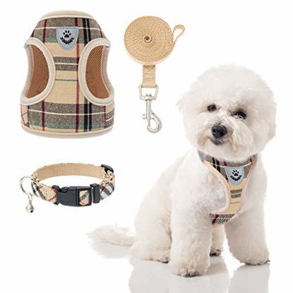 Picture of PUPTECK Adjustable Pet Harness Collar and Leash Set for Small Dogs Puppy and Cats Outdoor Training and Running with Classic Beige Plaid Pattern