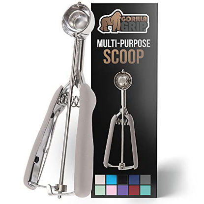 Picture of Gorilla Grip Premium Stainless Steel  Spring-Loaded Scoop for Fruit  Cookie and Ice Cream  Easy Squeeze and Clean Release  Comfortable Handle  Large 5.3 TBSP Scooper Size 12  Uniform Portions  Aqua