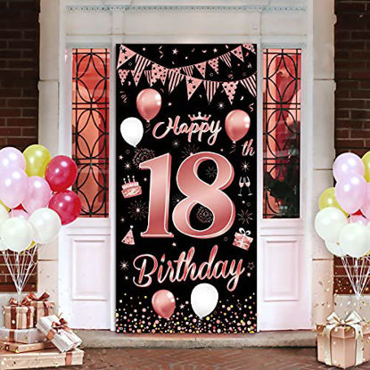 Picture of 18th Birthday Decorations for Girls  72.8â€Ã—35.4â€ Happy 18th Birthday Party Door Cover Banner  Large Fabric Rose Gold Glitter Sign Birthday Photo Booth Backdrop Background Banner for 18 Bday Party Decorations and Supplies
