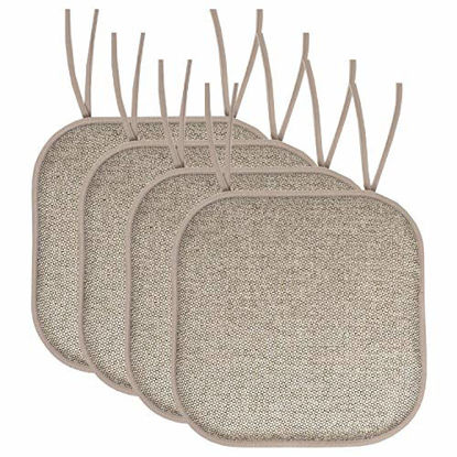 Picture of Sweet Home Collection Chair Cushion Memory Foam Pads with Ties Honeycomb Pattern Slip Non Skid Rubber Back Rounded Square 16" x 16" Seat Cover  4 Pack  Cameron Beige Taupe