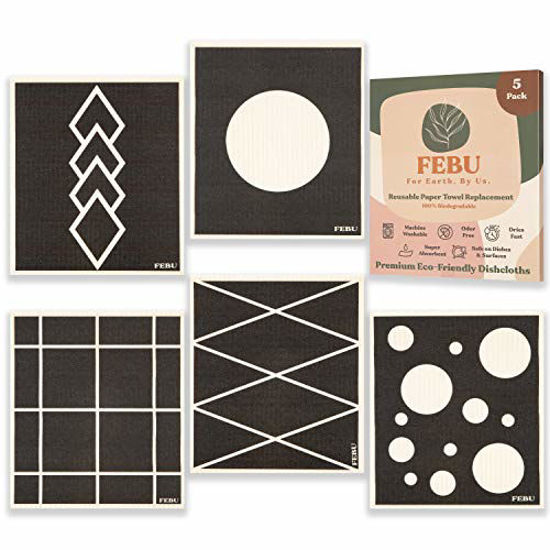 Picture of FEBU - Swedish Dishcloths for Kitchen | 5 Pack Geometric Zero Waste Gift | Cellulose Sponge Cloths | Non Scratch Reusable Paper Towels | No Odor  Biodegradable and Reusable Kitchen Dish Rags