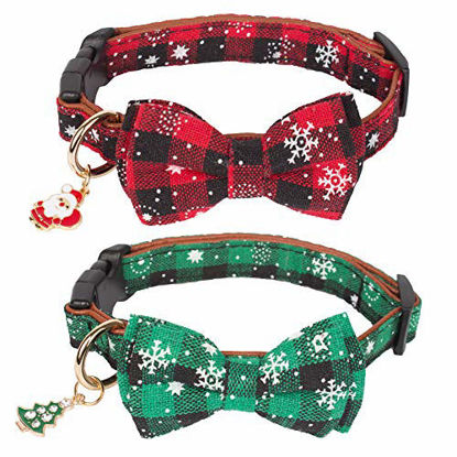 Picture of ADOGGYGO Christmas Dog Collar with Bow Tie Adjustable Bowtie Plaid Red Green Dog Pet Collars for Small Medium Large Dogs
