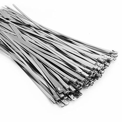 Picture of (100PCS 11.8 Inch) Metal Cable Zip Ties  304 Stainless Steel  Multi-purpose Heavy Duty Self-locking Cable Ties Suitable for Exhaust Wrapping  Fence  Outdoor and Canopy Etc.