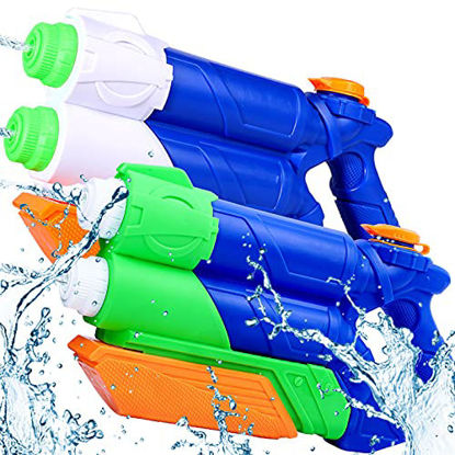 Picture of 2 Pack Water Squirt Guns  Super Water Blaster Toys for Kids Teens with 300cc Capacity Summer Water Fight and Family Fun Toys for Swimming Pools Party Beach Sand Water Fighting (White  Blue)