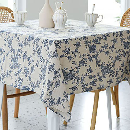 Picture of Pastoral Square Tablecloth - 60 x 60 Inch - Linen Fabric Table Cloth - Washable Table Cover with Dust-Proof Wrinkle Resistant for Restaurant  Picnic  Indoor and Outdoor Dining  Floral (Dark Blue)