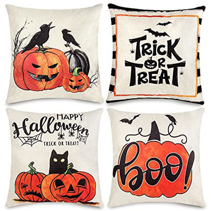 Picture of Ouddy Happy Halloween Pillow Covers 18x18 Inch  Set of 4 Trick or Treat Throw Pillow Covers  Linen Halloween Decorations for Home Bedroom Couch Sofa Home Decor