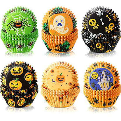Picture of 600 Pieces Halloween Cupcake Liners Spider Net Pumpkin Skull Bat Boo Baking Cups Cupcake Wrappers Wraps Muffin Case Trays for Halloween Party Decorations(Stylish Style)