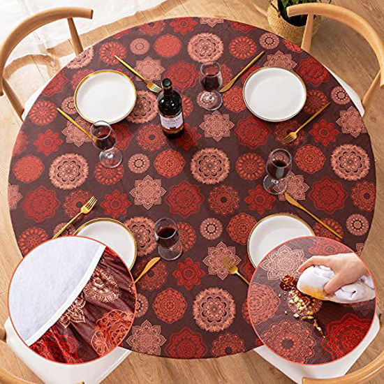 Picture of UMINEUX Clear Round Fitted Vinyl Tablecloth with Elastic Edged & Flannel Backing  Waterproof Wipeable Round Table Cover for Indoor Outdoor Patio Use - Fits Tables up to 40"-44" Diameter(Clear)