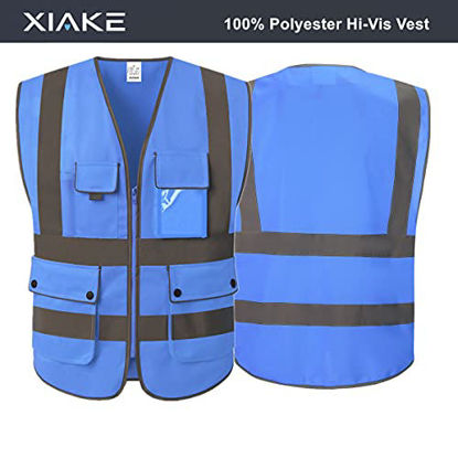 Picture of XIAKE 8 Pockets High Visibility Safety Vest Black with 2 Inch Dual Tone Reflective Strips - Yellow Trim  Zipper Front  ANSI/ISEA Standards  Medium