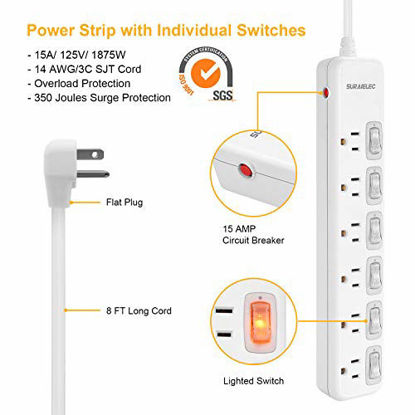 Picture of Suraielec Power Strip Individual Switches  8 FT Long Flat Plug Extension Cord  6 Outlet Surge Protector with On Off Switches for Each Outlet  15 AMP Safety Circuit Breaker  Wall Mountable