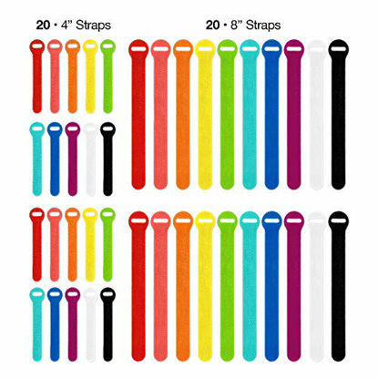 Picture of Self-Gripping Cable Ties by Wrap-It Storage  Multi-Color  40 Pack (4 Inch and 8 Inch Straps) â€“ Reusable Hook and Loop Cord Organizer Cable Ties for Cord Management and Desk or Office Organization