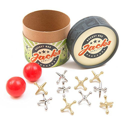 Picture of Rocket Box Jacks Game: Retro  New Vintage  Classic Game of Jacks  Gold and Silver Toned Jacks  Two Red Bouncy Balls and Set of Instructions  Fun for Kids and Adults of All Ages.