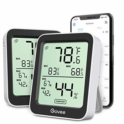 Picture of Govee Indoor Hygrometer Thermometer 2 Pack, Bluetooth Humidity Temperature Gauge with Large LCD Display, Notification Alert with Max Min Records, 2 Years Data Storage Export for Room Greenhouse, Black