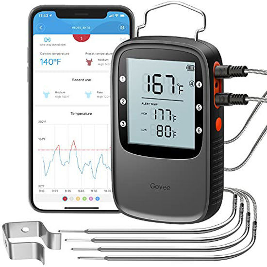 Picture of Govee Bluetooth Meat Thermometer, Wireless Grilling Thermometer, 230ft Remote App Monitoring with 4 Probes, Large Backlight Screen and Alert Notifications for Smoker, BBQ, Grill, Oven