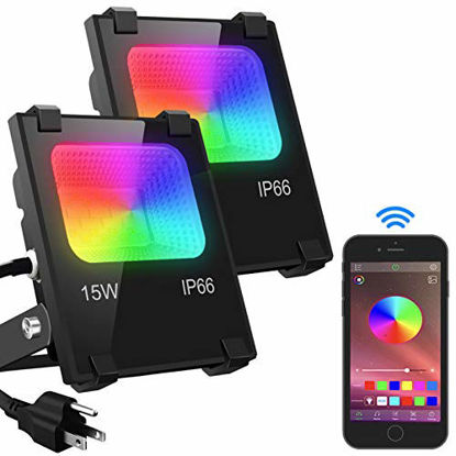 Picture of Led Flood Light 100W Equivalent, Outdoor Color Changing Led Stage Landscape Lights, RGBW Bluetooth Smart Floodlights 2700K & 16 Million Colors&Timing& Music Sync, IP66 Waterproof US 3-Plug (2 Pack)