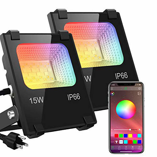 Picture of LED Flood Lights RGB Color Changing 100W Equivalent Outdoor, 15W Bluetooth Smart Floodlights RGB APP Control, IP66 Waterproof, Timing, 2700K&16 Million Colors 20 Modes for Garden Stage Lighting 2 Pack