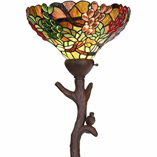 Picture of Bieye L10768 Grape Tiffany Style Stained Glass Torchiere Floor Lamp with 14 inches Lampshade, Bird on Branch Base, 70.5 inches Tall