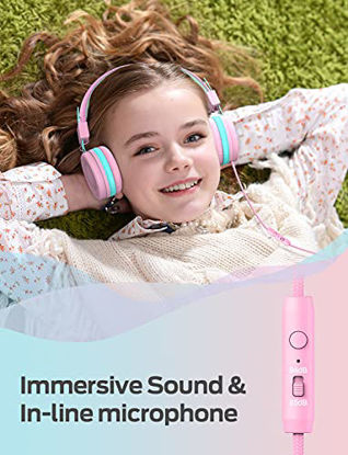 Picture of iClever Kids Headphones with Microphone for School - 85dB/94dB Volume Control, Wired Headphones for Kids Girls Boys, Adjustable Foldable On-Ear Headphones for Online Learning/iPad/Tablet/Travel, Pink