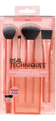Picture of Real Techniques Flawless Base Brush Set With Ultra Plush Custom Cut Synthetic Bristles and Extended Aluminum Ferrules to Build Coverage for Every Makeup Application Need, Orange, 5 Piece