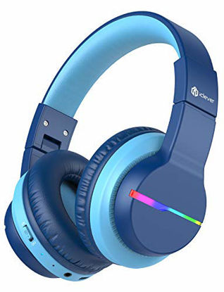 Picture of iClever BTH12 Wireless Kids Headphones, Colorful LED Lights Kids Headphones with 74/85/94dB Volume Limited Over Ear, 40H Playtime, Bluetooth 5.0, Built-in Mic for School/Tablet/PC/Airplane, Blue