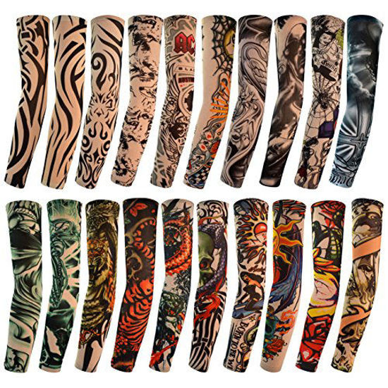 Picture of HOVEOX 20pcs Temporary Tattoo Arm Sleeves Arts Fake Slip on Arm Sunscreen Sleeves Body Art Stockings Protector -Designs Tribal, Tiger, Dragon, Skull, and Etc Unisex Stretchable Cosplay Accessories