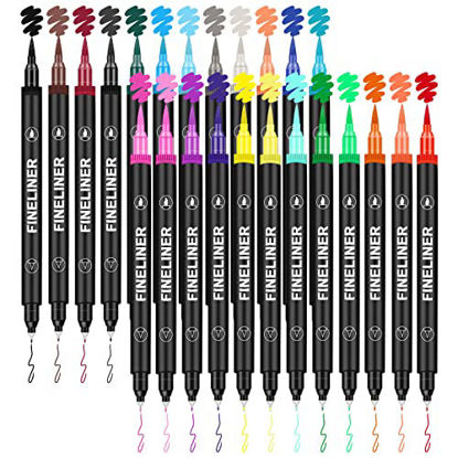 Picture of Dual Brush Markers Pens 24 Colors, No Bleed Caligraphy Markers for Adult Coloring Book, Bullet Journals Supplies, Lettering, Drawing Art Watercolor Markers Dual Tip Set
