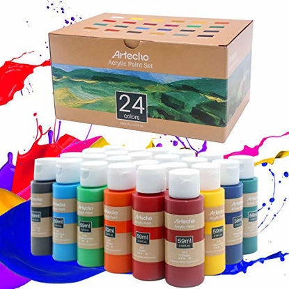 Picture of Artecho Acrylic Paint Set of 24 Colors, 59ml / 2oz Primary Art Craft Paint for Christmas Decoration, Art Painting, Supplies for Canvas, Rock, Wood, Fabric, Rich Pigments for Adults, Students, Kids