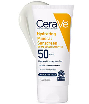 Picture of CeraVe 100% Mineral Sunscreen SPF 50 | Body Sunscreen with Zinc Oxide & Titanium Dioxide for Sensitive Skin | 5 oz, 1 Pack