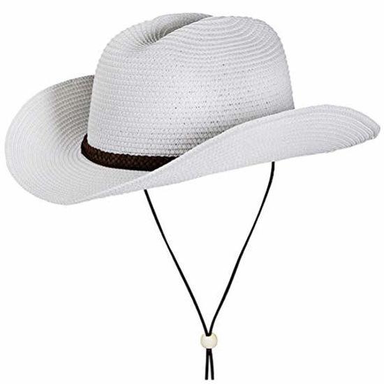 GetUSCart- Straw Cowboy Hat,Summer Beach Panama Sun Hats Men & Women  Western Wide Curved Brim Fedora with Adjustable Chin Strap UPF50+ (L(7  1/4-7 3/8), A2-White)